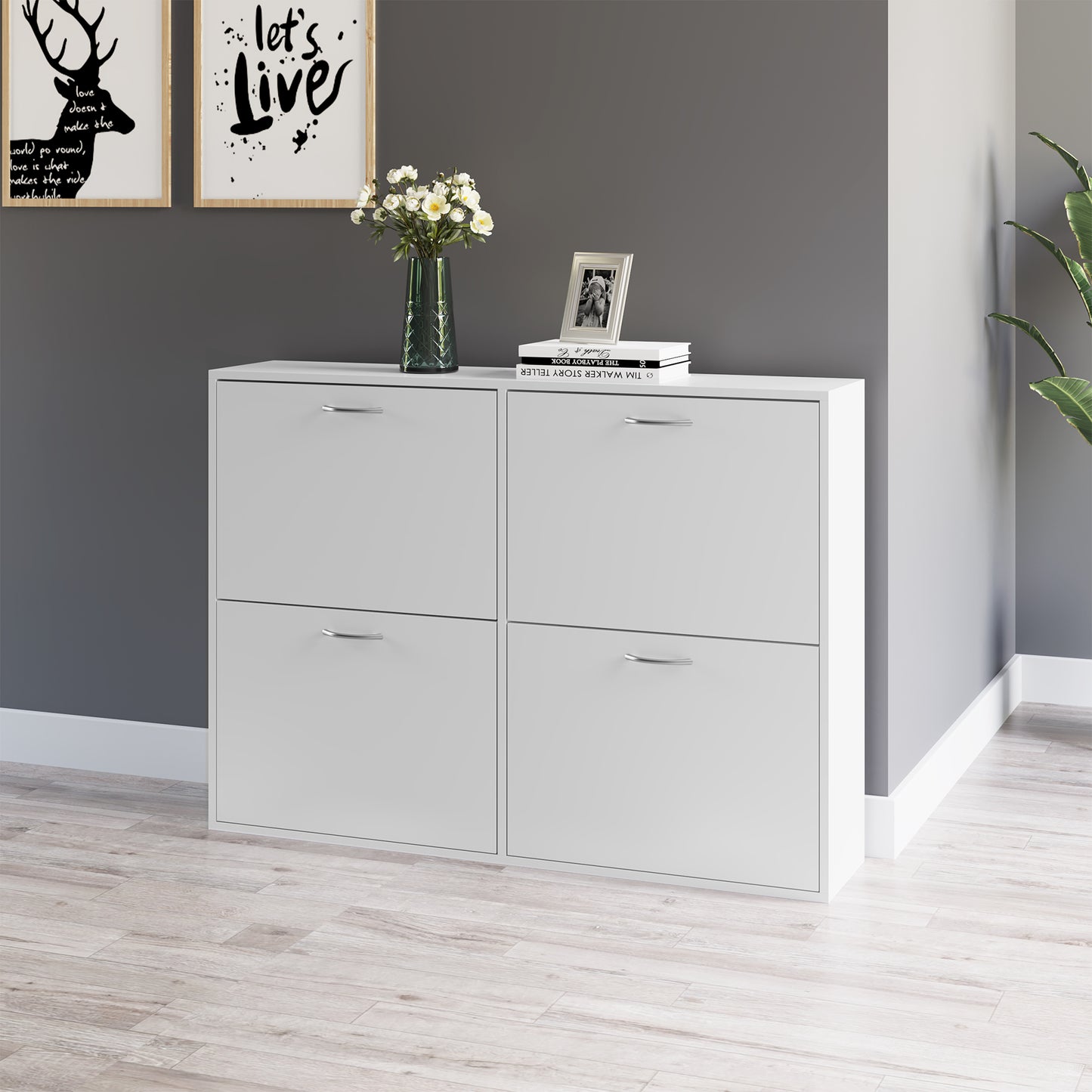 Wooden Shoes Cabinet Multi Flip Down Shelf Drawer Organizer - White