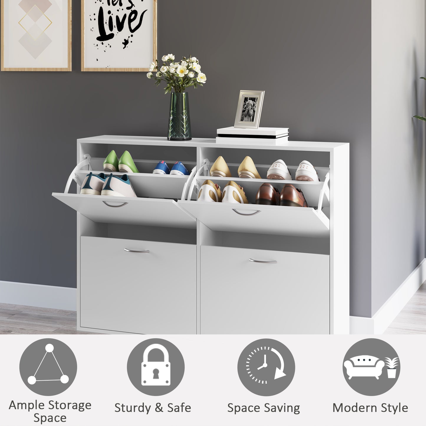 Wooden Shoes Cabinet Multi Flip Down Shelf Drawer Organizer - White