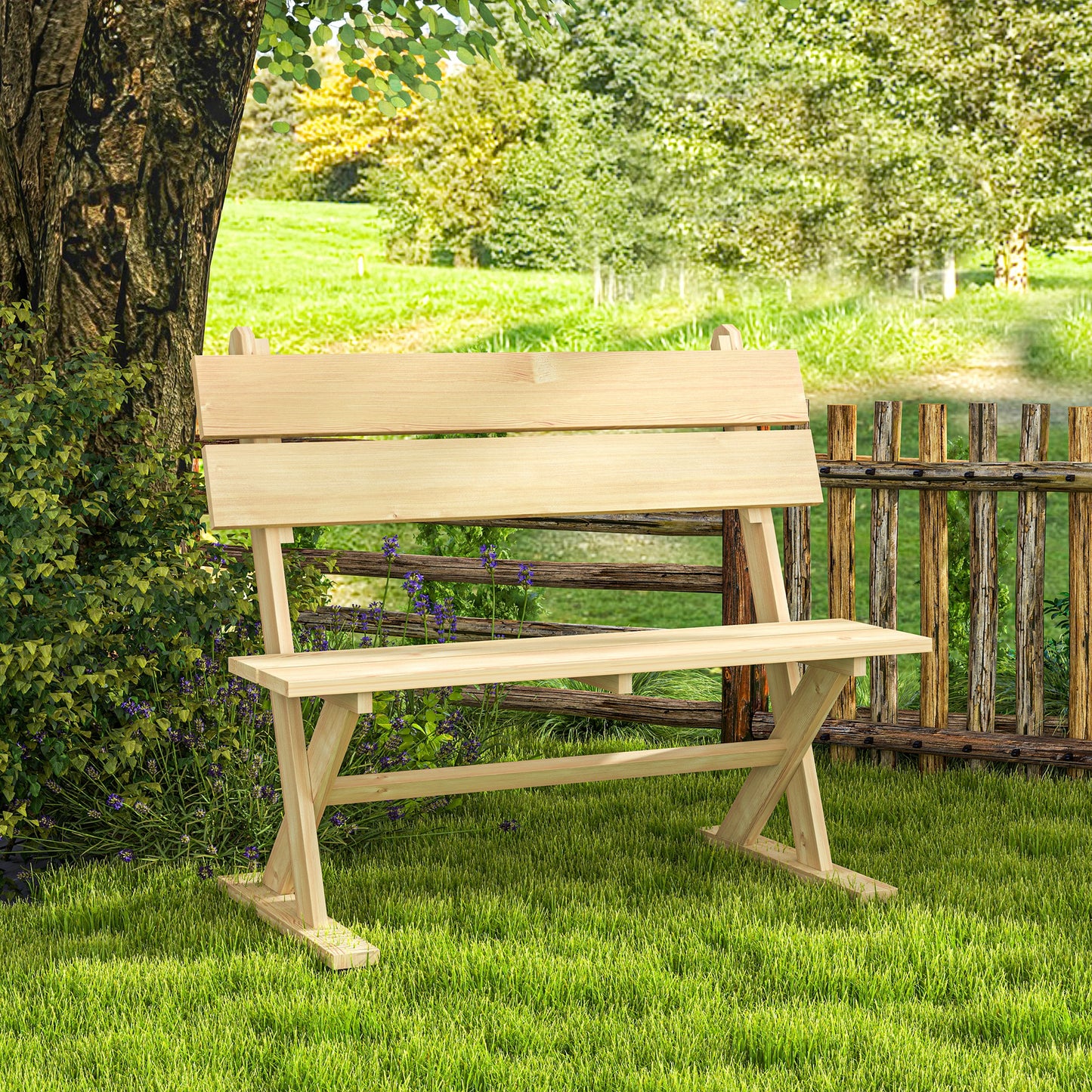 2 Seater Wooden Garden Bench Outdoor Loveseat with Back, Natural