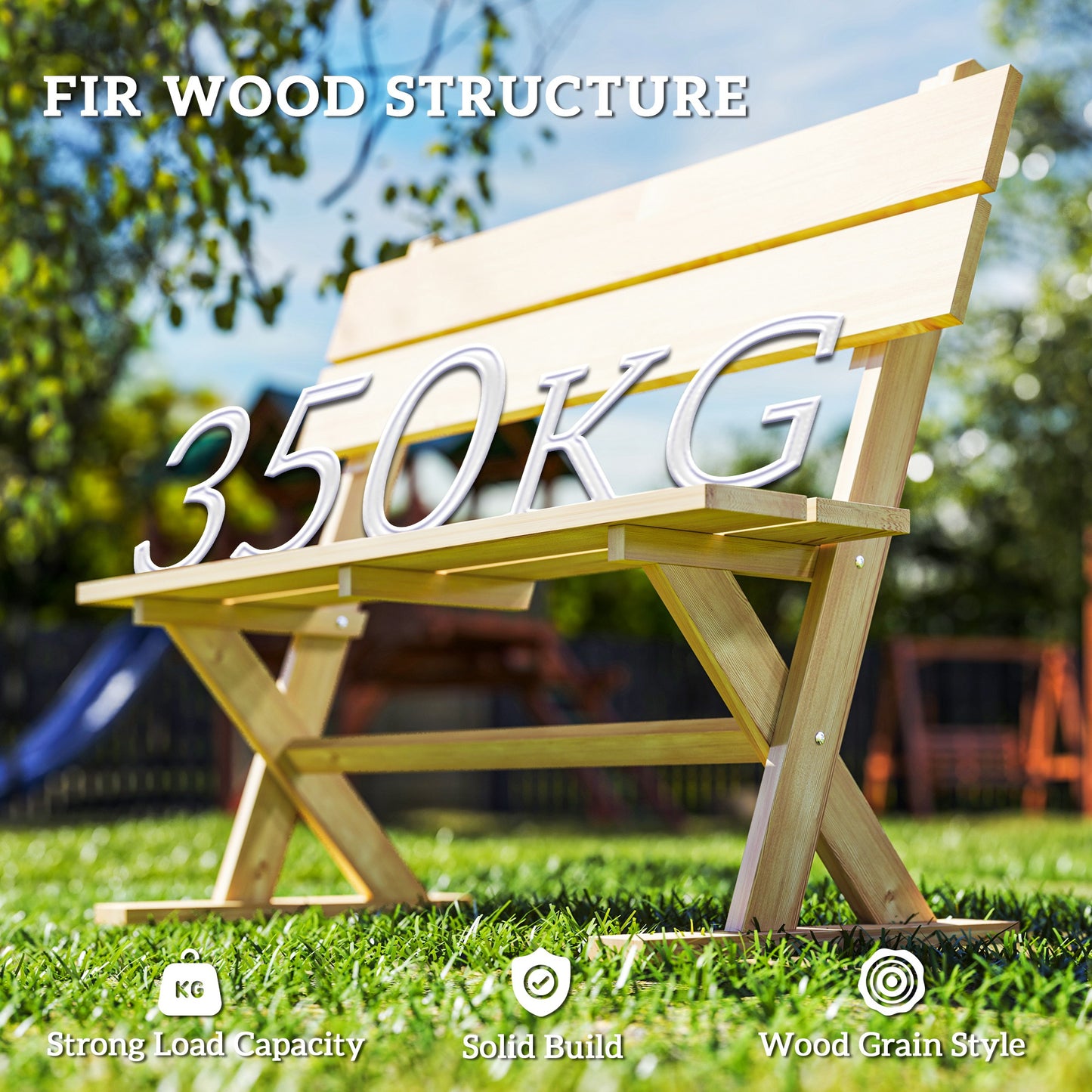 2 Seater Wooden Garden Bench Outdoor Loveseat with Back, Natural
