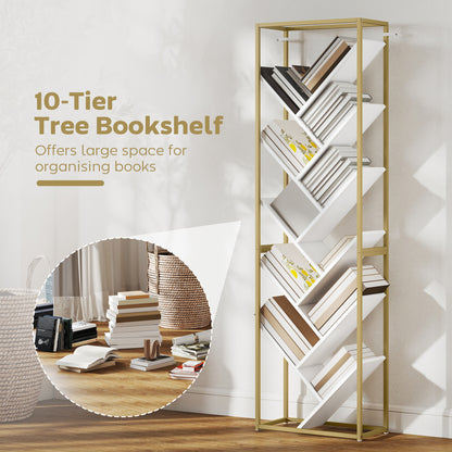 10 Tier Tree Bookshelf Modern Tall Bookcase White Gold Tone