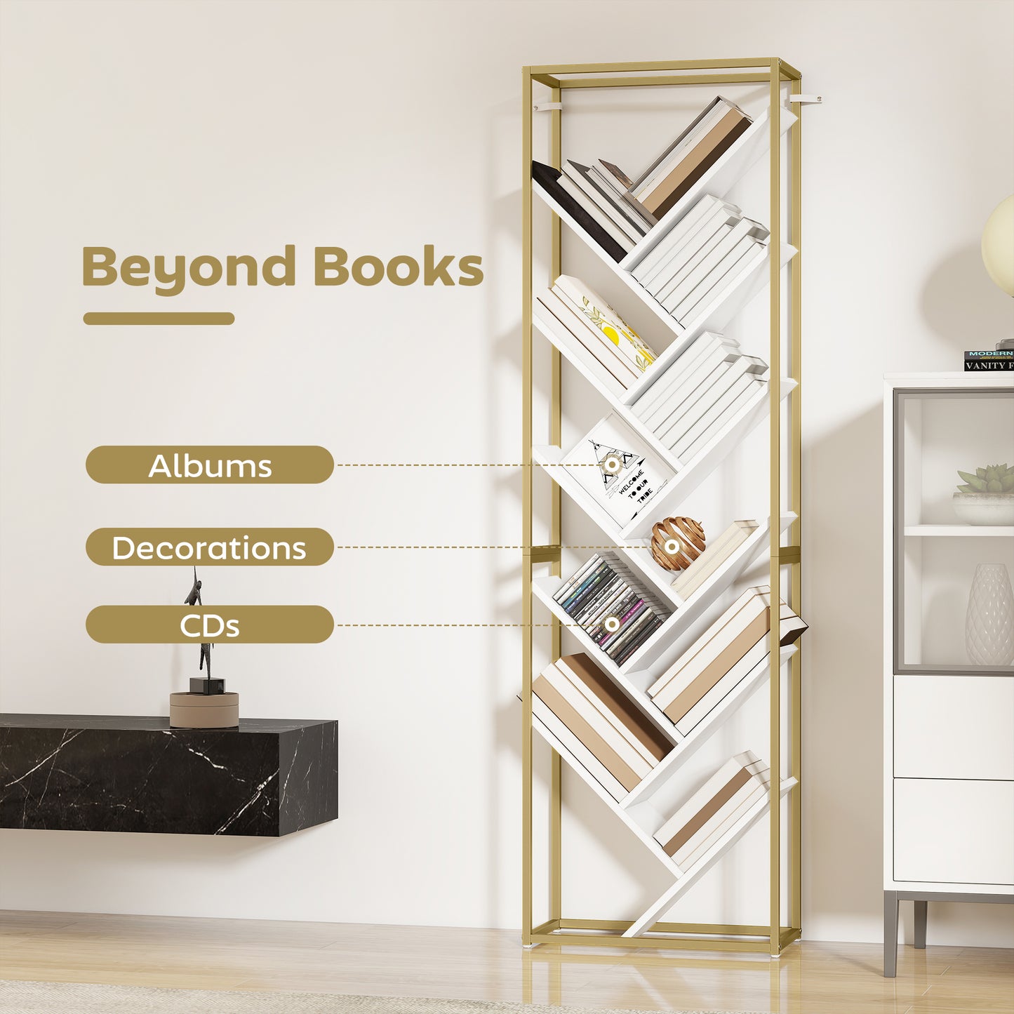 10 Tier Tree Bookshelf Modern Tall Bookcase White Gold Tone