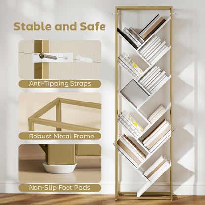 10 Tier Tree Bookshelf Modern Tall Bookcase White Gold Tone