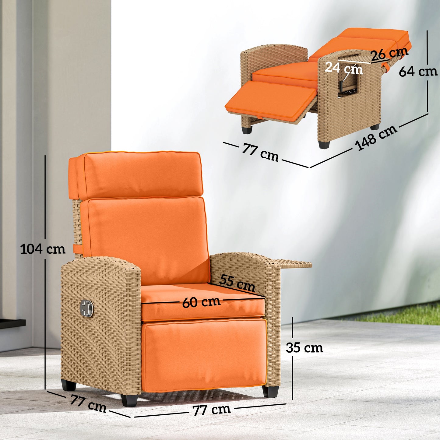 Rattan Garden Recliner Sun Lounger w/ Flip Table, Khaki/Orange