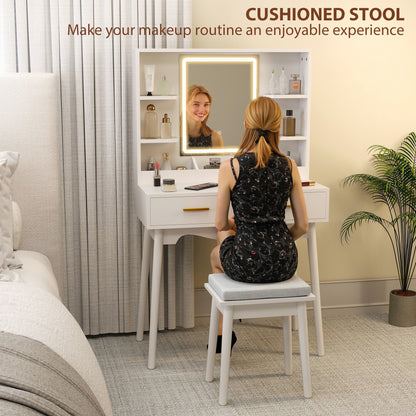 Dressing Table with LED Lighted Mirror and Cushioned Stool White