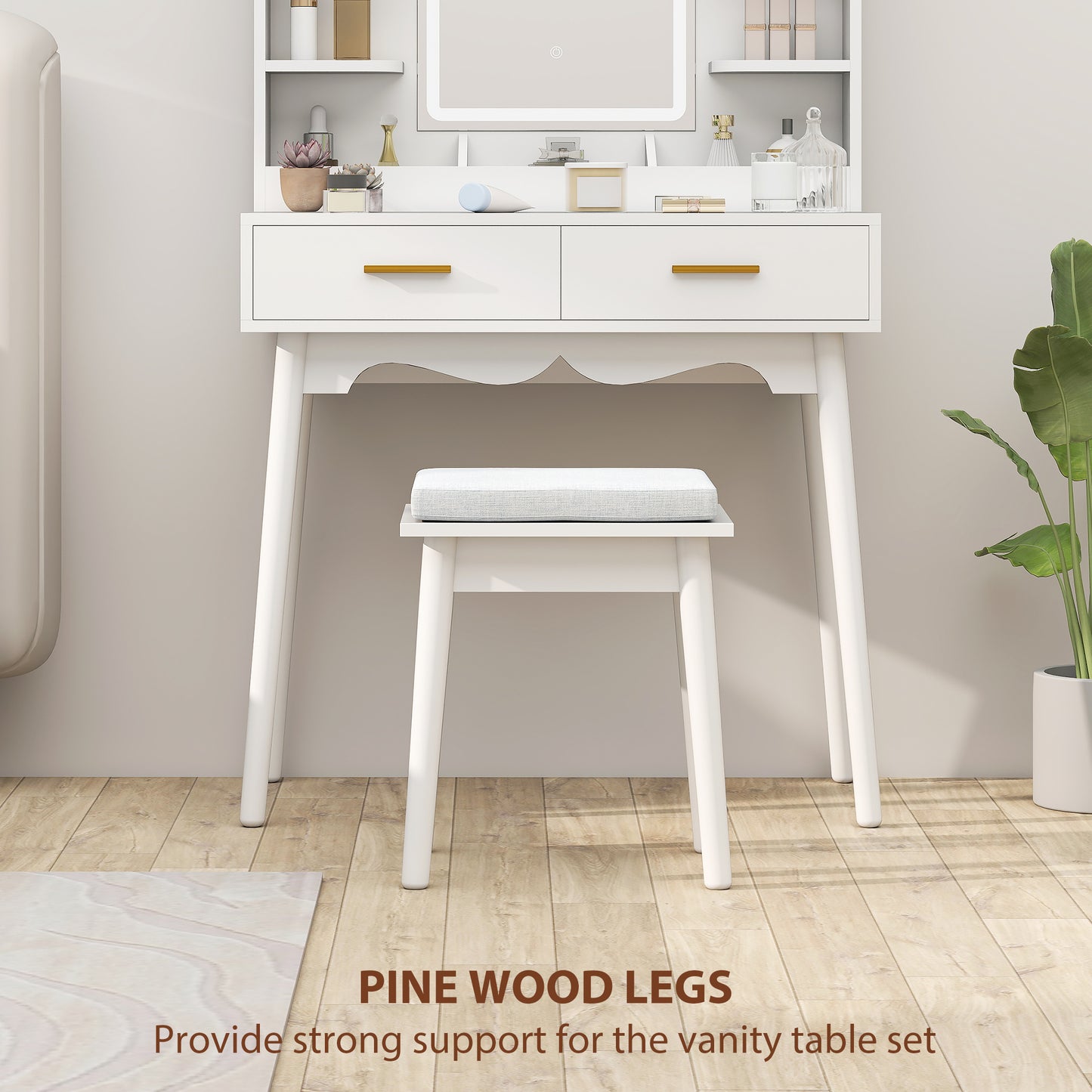 Dressing Table with LED Lighted Mirror and Cushioned Stool White