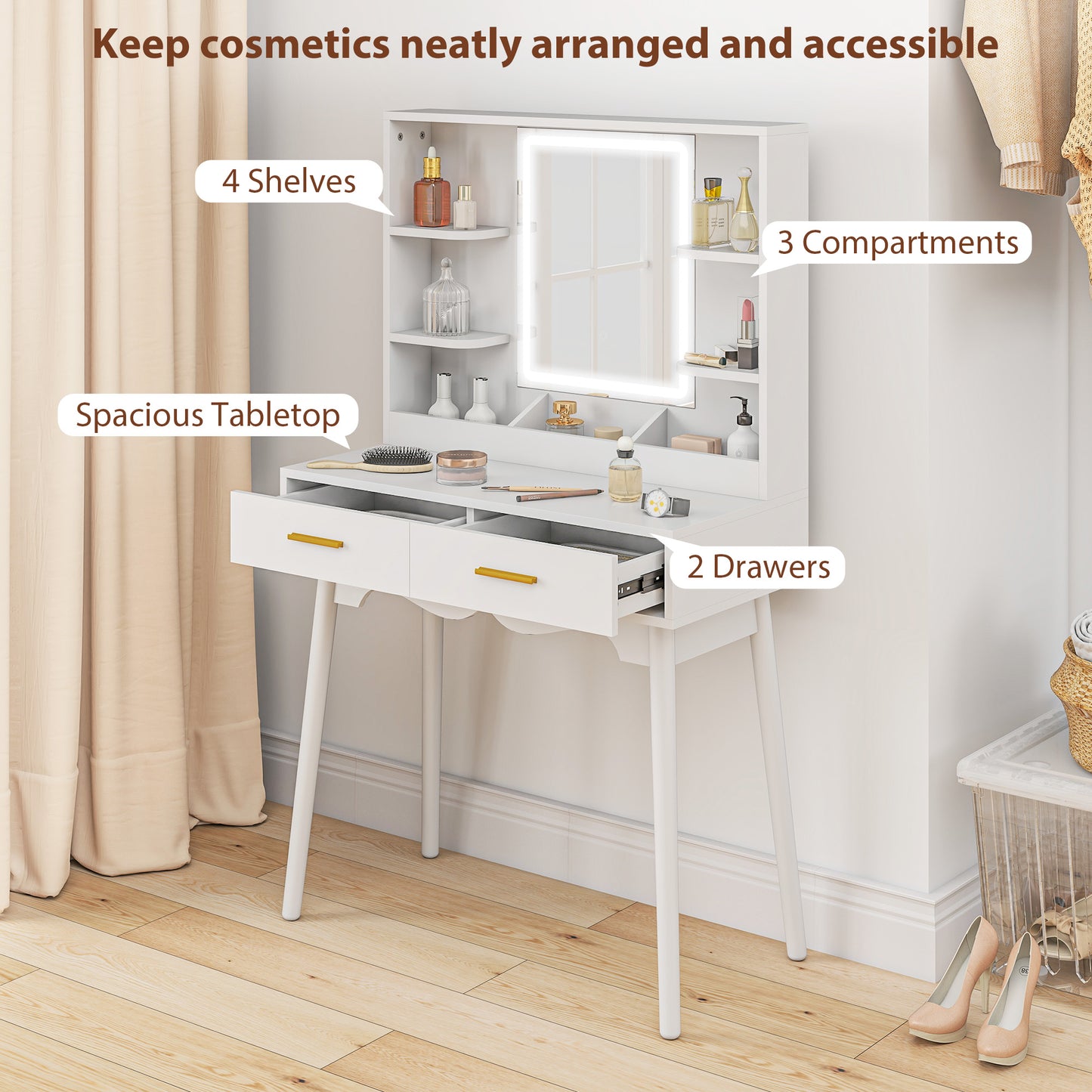 Dressing Table with LED Lighted Mirror and Cushioned Stool White
