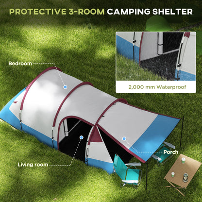 2-3 Man Camping Tunnel Tent with Bedroom and Living Room, Red