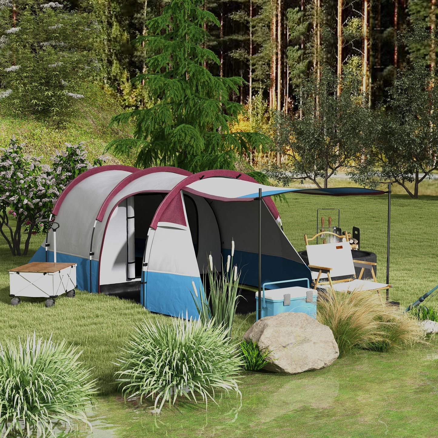2-3 Man Camping Tunnel Tent with Bedroom and Living Room, Red