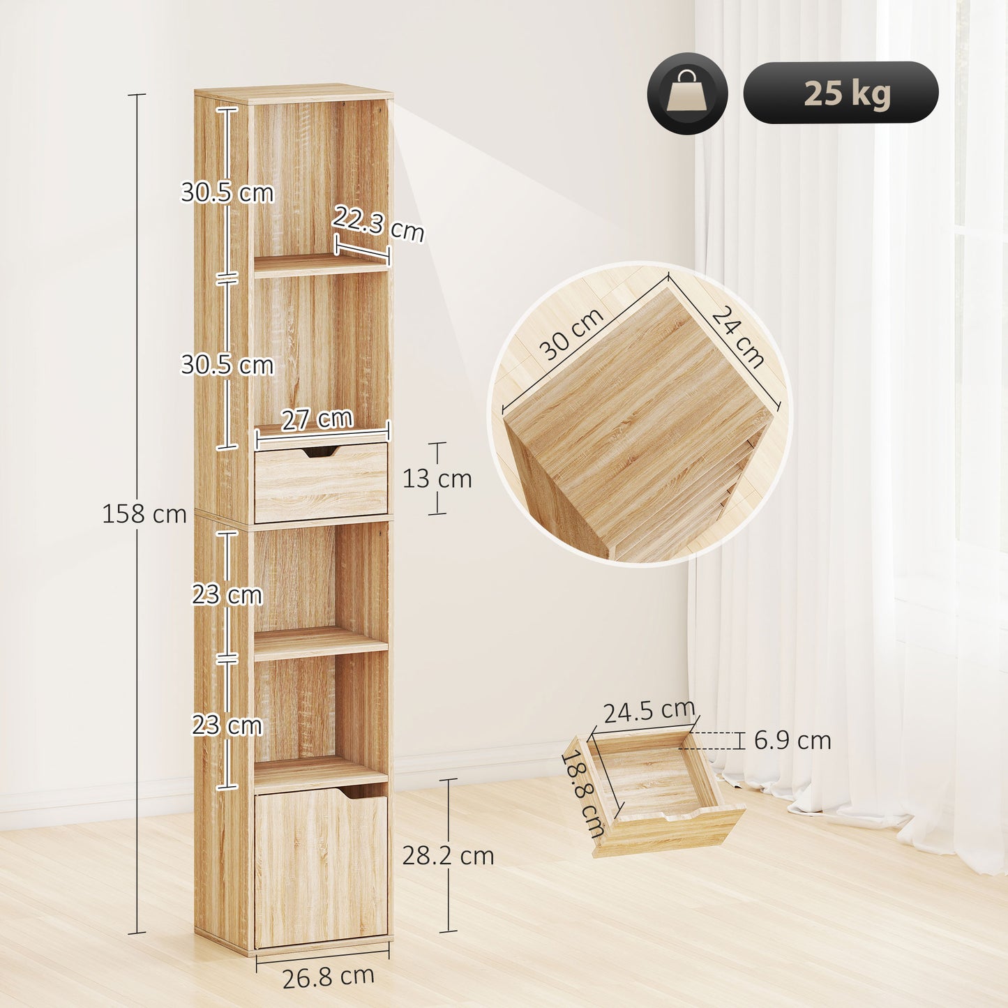 Narrow Bookshelf with Drawer, Tall Bookcase for Living Room, Natural