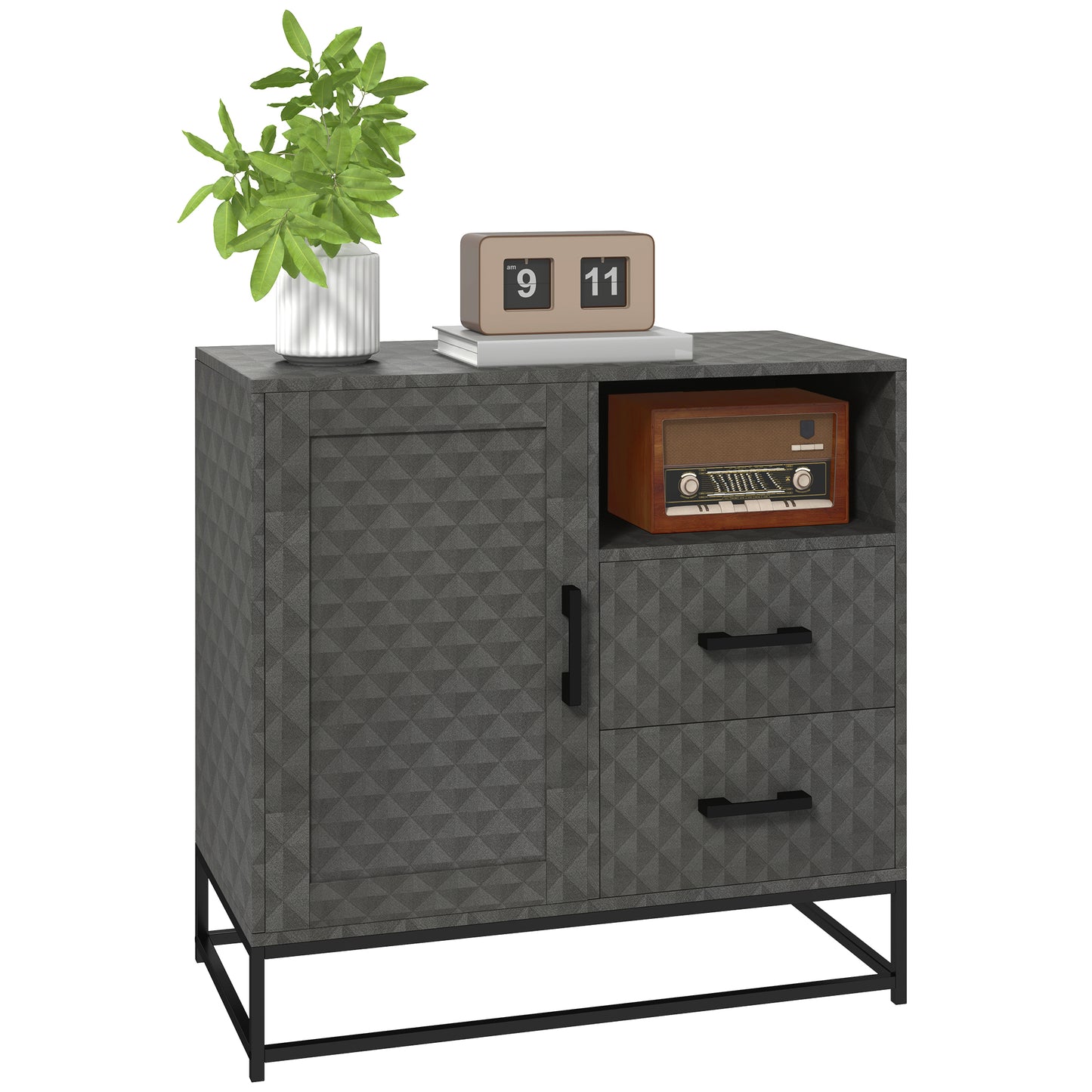 Cupboard with Adjustable Shelf, Open Compartment, 2 Drawers, Grey