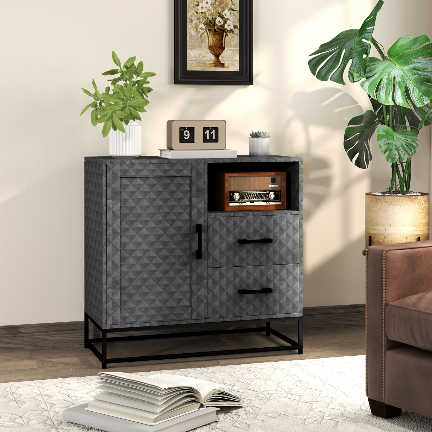 Cupboard with Adjustable Shelf, Open Compartment, 2 Drawers, Grey