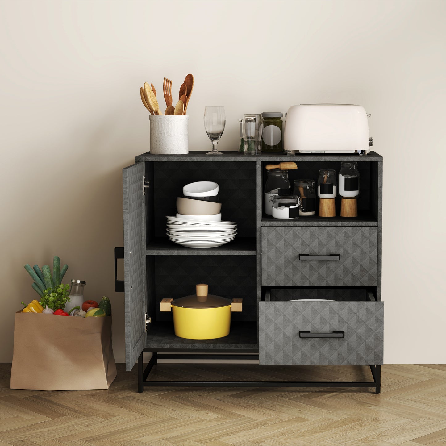 Cupboard with Adjustable Shelf, Open Compartment, 2 Drawers, Grey