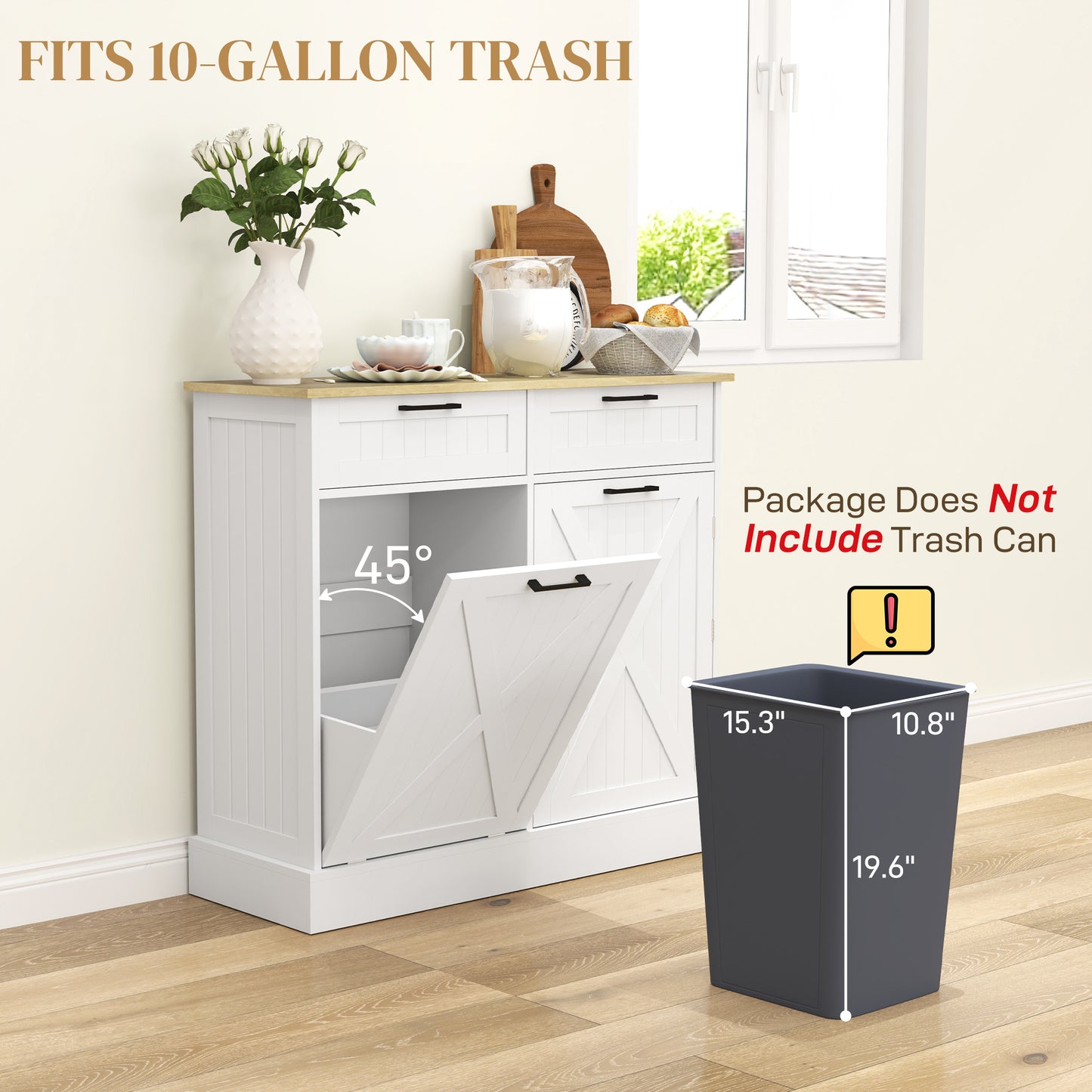 Sideboard with Trash Bin, Farmhouse Kitchen Sideboard with 2 Drawers