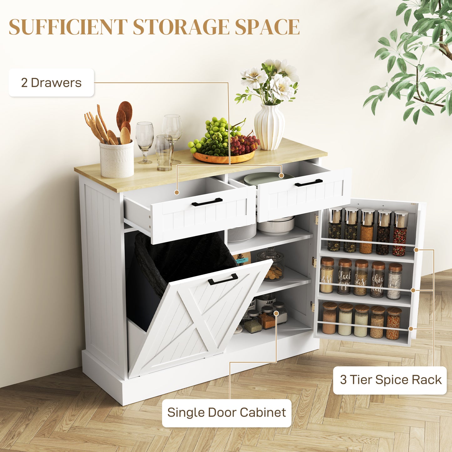 Sideboard with Trash Bin, Farmhouse Kitchen Sideboard with 2 Drawers