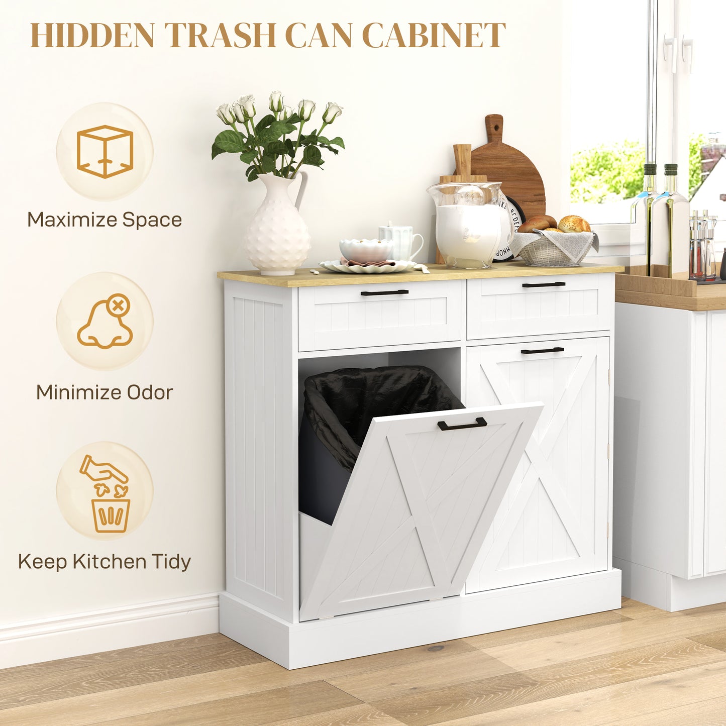 Sideboard with Trash Bin, Farmhouse Kitchen Sideboard with 2 Drawers
