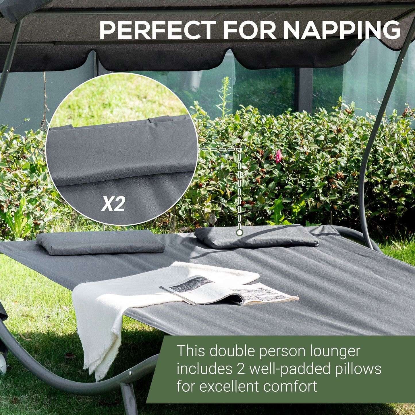 Double Sun Lounger with Adjustable Detachable Canopy, Grey