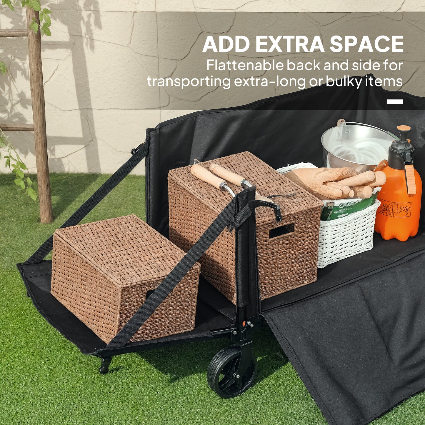 Folding Trolley on Wheels, Garden Cart with Openable Sides, Black