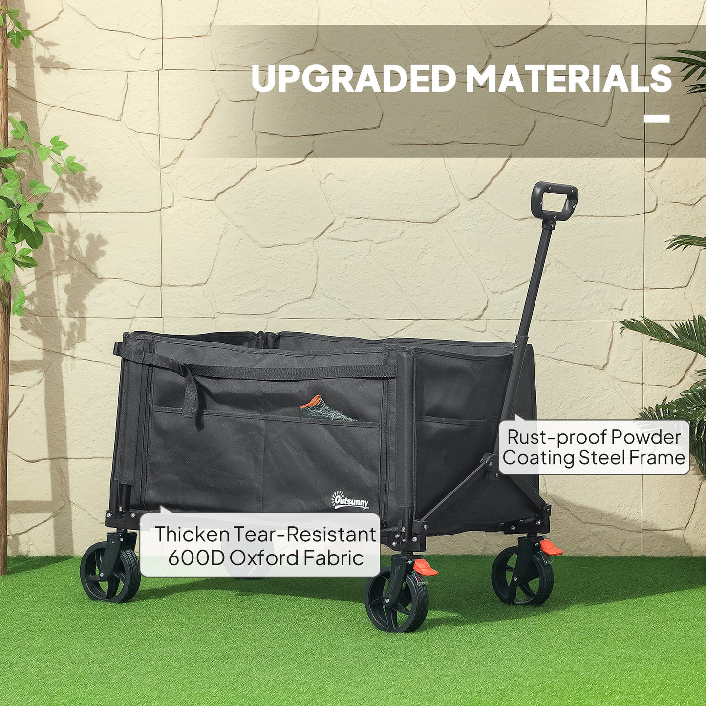 Folding Trolley on Wheels, Garden Cart with Openable Sides, Black