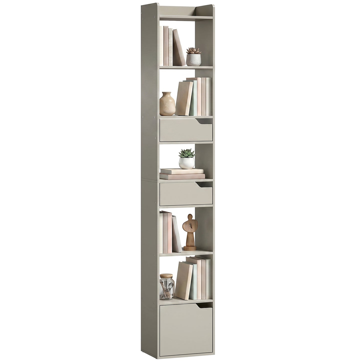 Bookcase with Drawers and Cabinet, 5-Tier Bookshelf, Narrow Tall Storage Cabinet with Anti-Tip for Living Room, Study, Home Office, Grey