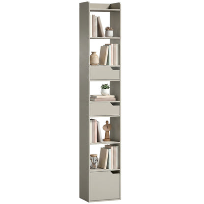 Bookcase with Drawers and Cabinet, 5-Tier Bookshelf, Narrow Tall Storage Cabinet with Anti-Tip for Living Room, Study, Home Office, Grey