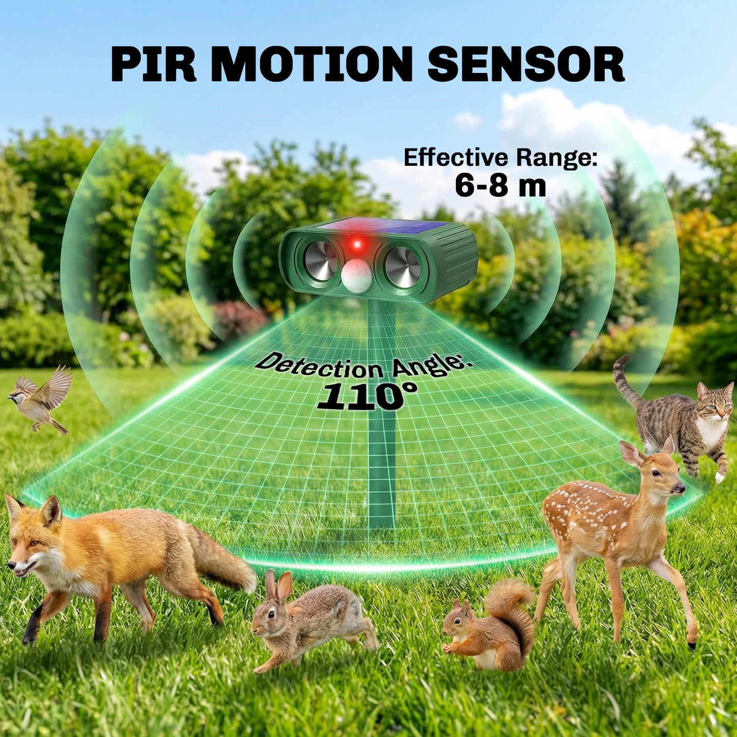 Cat Repellent for Gardens UK, Solar Ultrasonic Fox Cat Deterrent for Gardens UK, PIR Motion Sensor 110°, IPX4 Waterproof Animal Repeller Scarer for Squirrels, Dogs, Moles, Birds