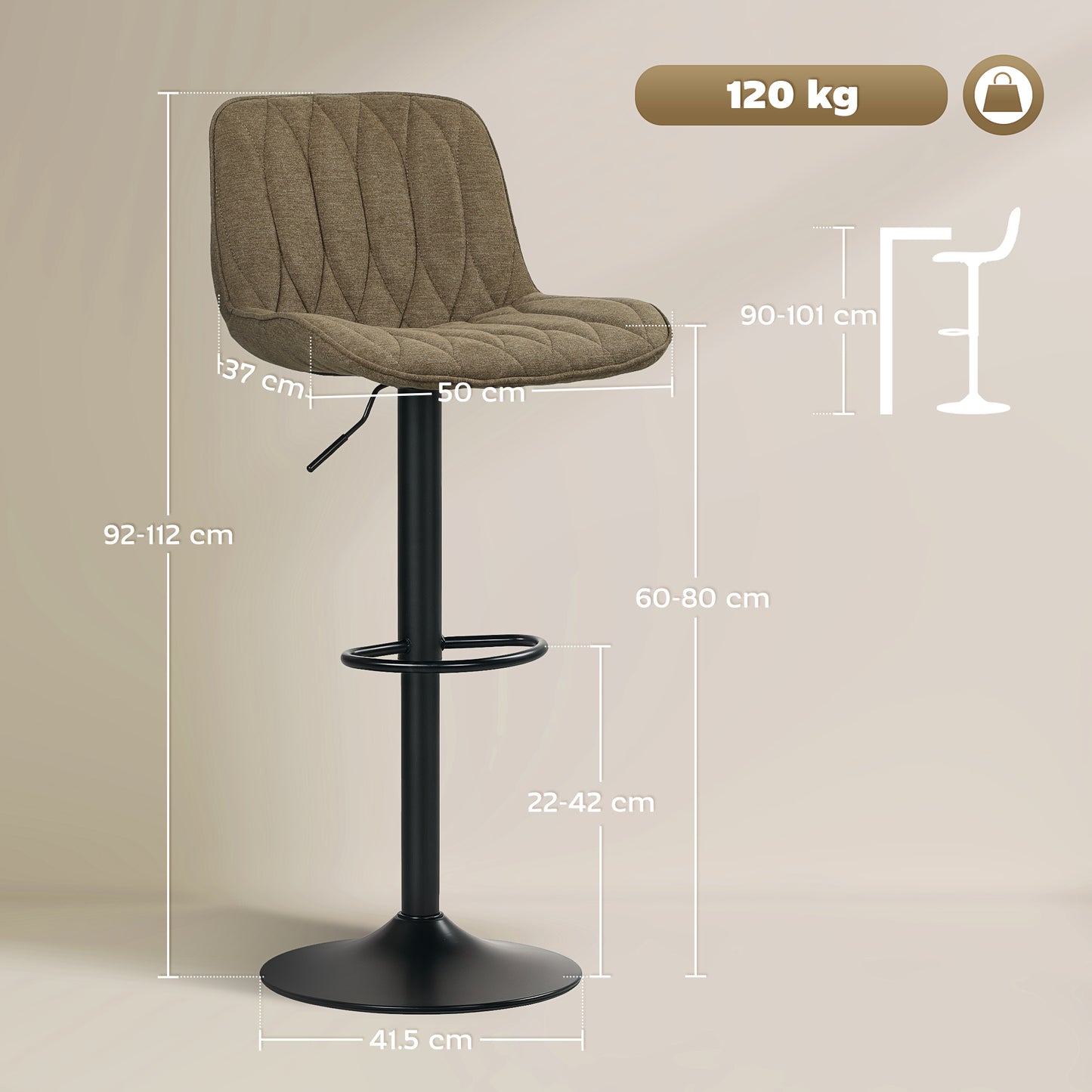 Bar Stools Set of 2, Modern Armless Bar Chairs, Brown
