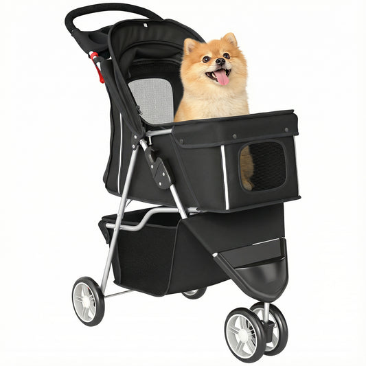 Pet Stroller Pushchair Carrier for Cat Puppy with 3 Wheels Black