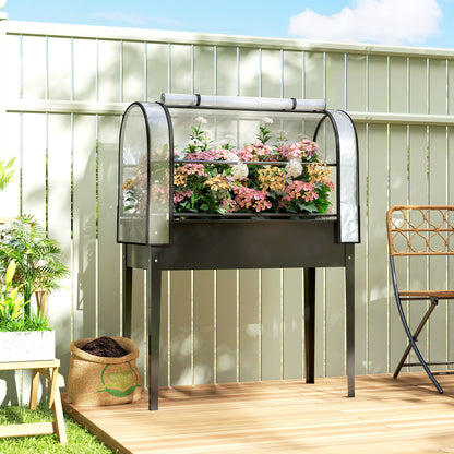 Metal Raised Planter with Flip-Up Greenhouse, Drainage Hole, Black