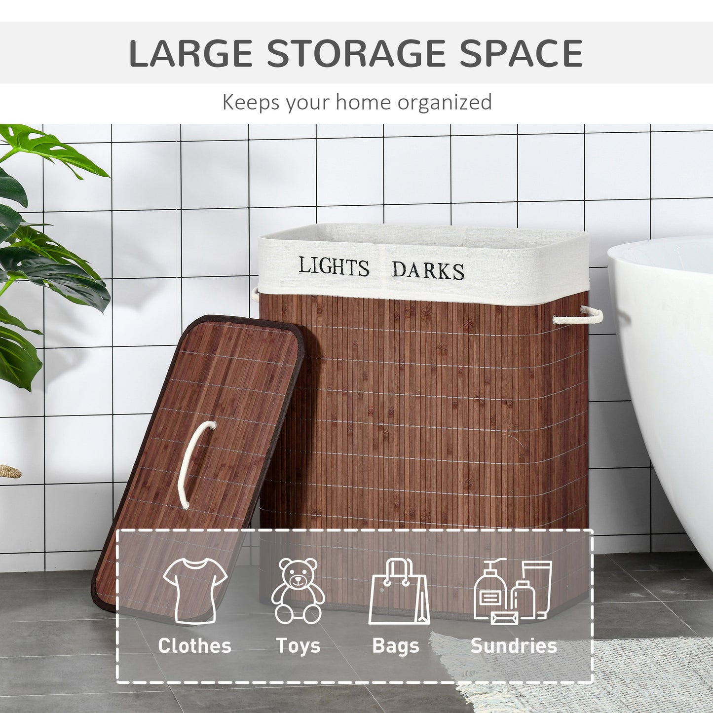 2 Section Collapsible Laundry Hamper Lid Removable Lining, Brown