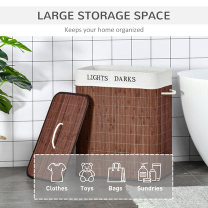 2 Section Collapsible Laundry Hamper Lid Removable Lining, Brown