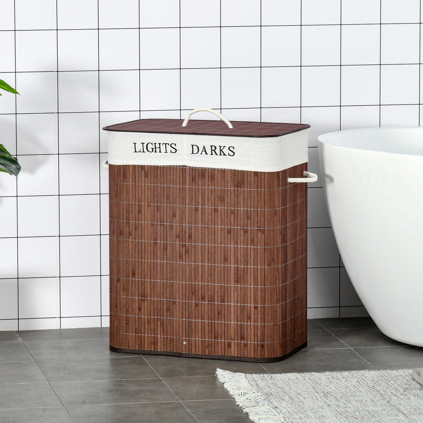 2 Section Collapsible Laundry Hamper Lid Removable Lining, Brown