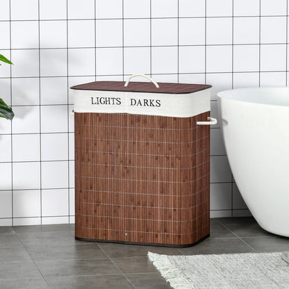 2 Section Collapsible Laundry Hamper Lid Removable Lining, Brown