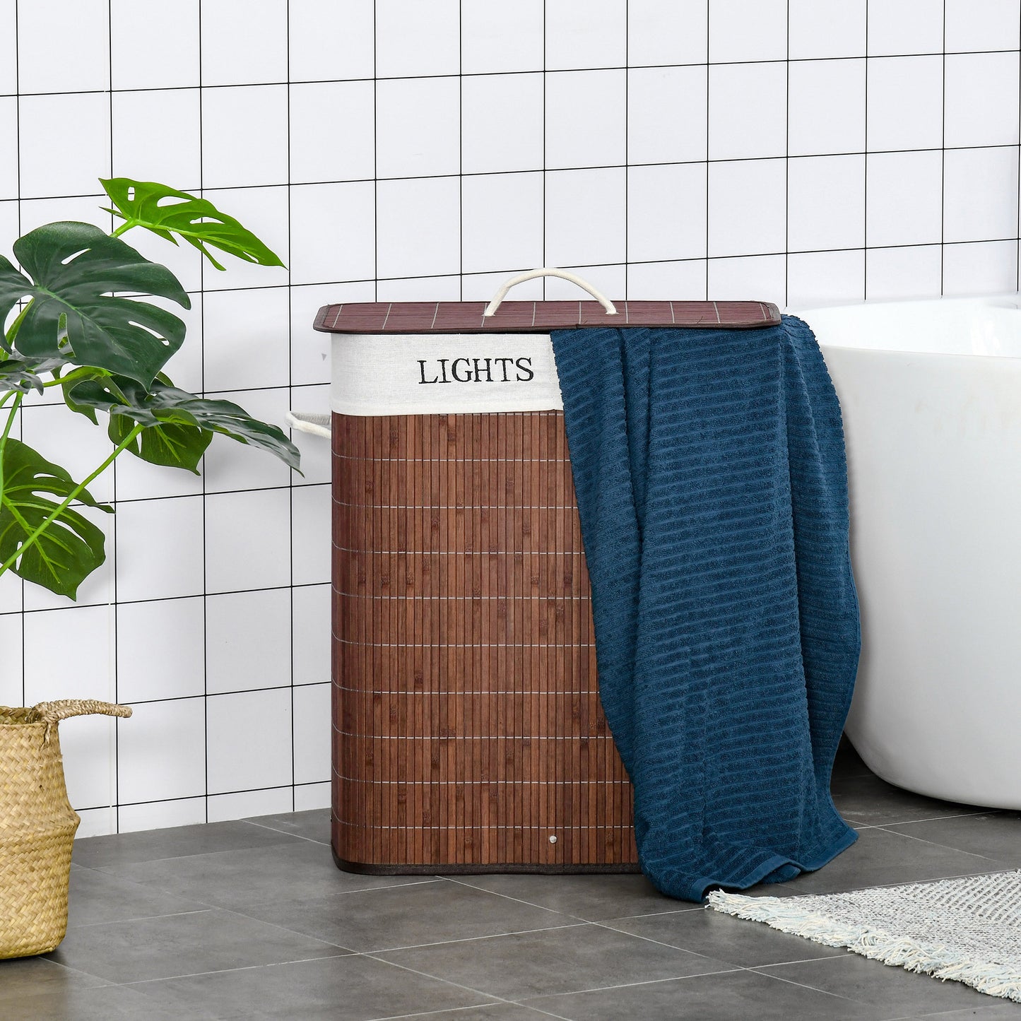 2 Section Collapsible Laundry Hamper Lid Removable Lining, Brown