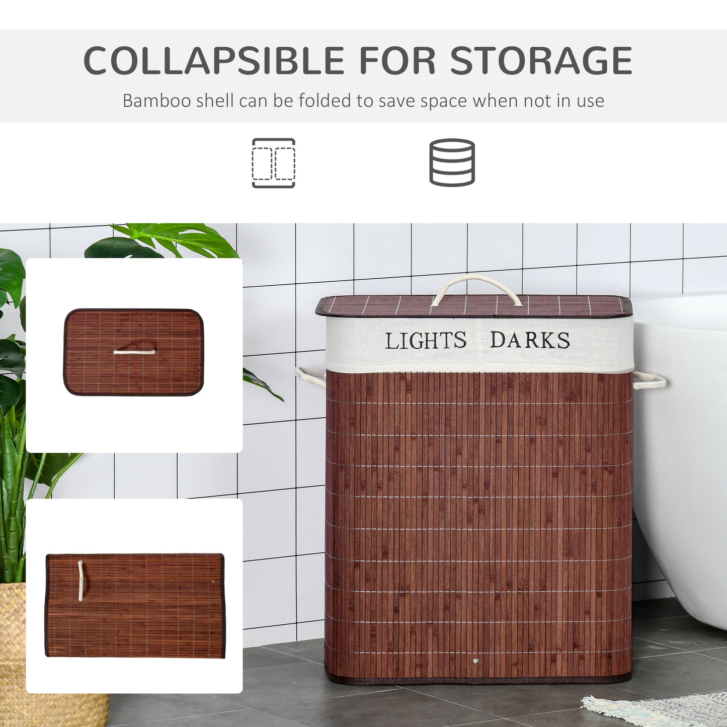 2 Section Collapsible Laundry Hamper Lid Removable Lining, Brown