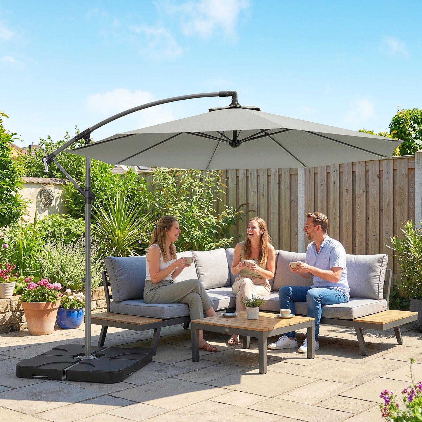 3(m) Banana Parasol Cantilever Umbrella Garden w/ Base Weights - Light Grey