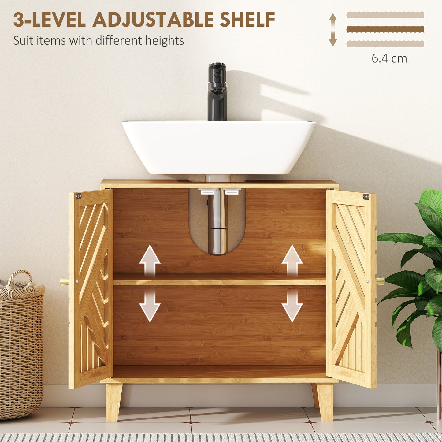 Bamboo Bathroom Under Sink Cabinet with Adjustable Shelf, Natural