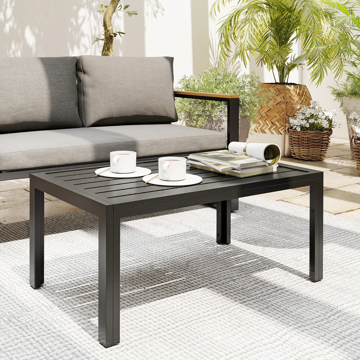 Outdoor Side Table Garden Table with Steel Frame and Slat Top Grey Wood