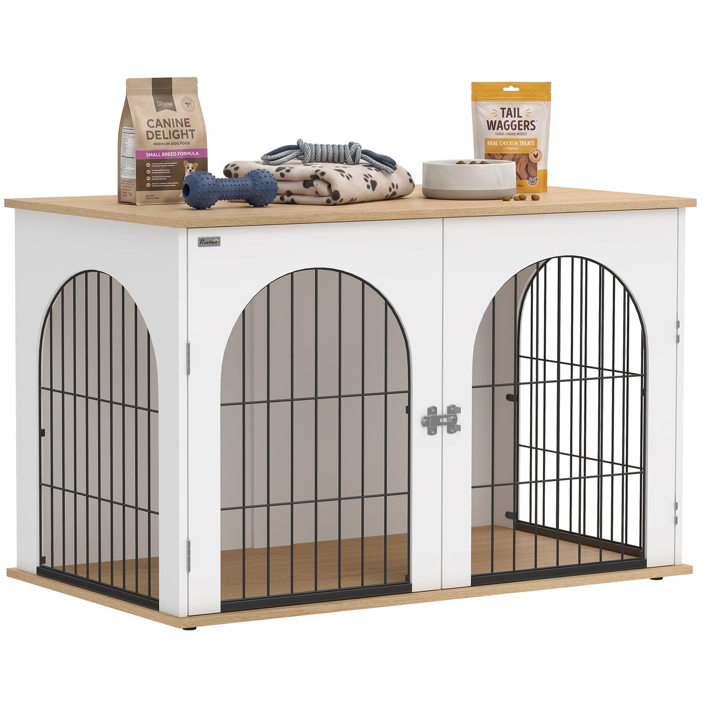 Dog Crate Furniture, Indoor Dog Cage with Double Doors for Large Breeds, Pet Kennel End Side Table with Arched Door Design, 100 x 60 x 69 cm, White
