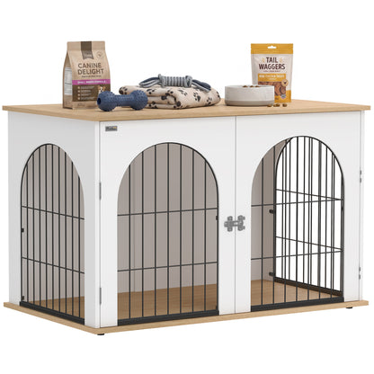 Dog Crate Furniture, Indoor Dog Cage with Double Doors for Large Breeds, Pet Kennel End Side Table with Arched Door Design, 100 x 60 x 69 cm, White