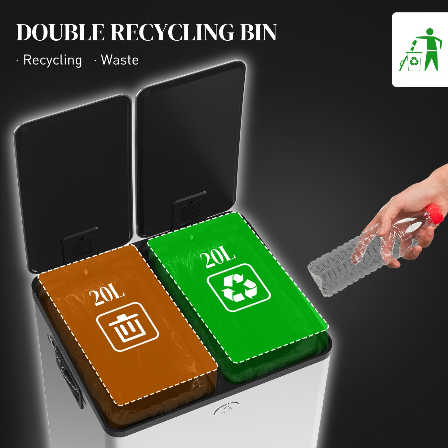 2 x 20L Dual Kitchen Bin Pedal Bin for Recycling and Waste, Silver