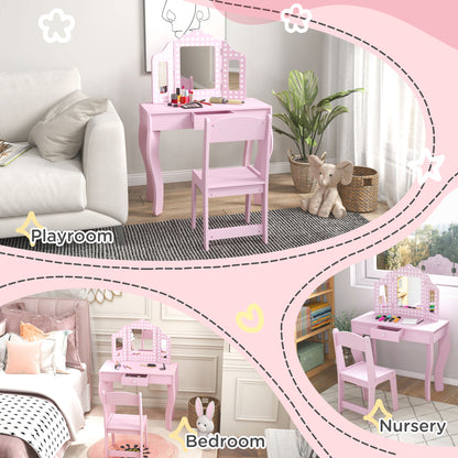 Kids Dressing Table Set Make up w/ Stool, Drawer, for Playroom