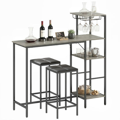 3Pcs Breakfast Bar Table and Stools Set 4-tier shelving, Washed Grey