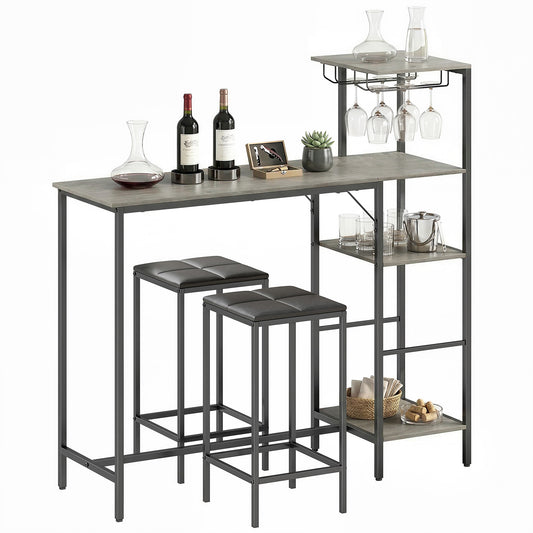 3Pcs Breakfast Bar Table and Stools Set 4-tier shelving, Washed Grey