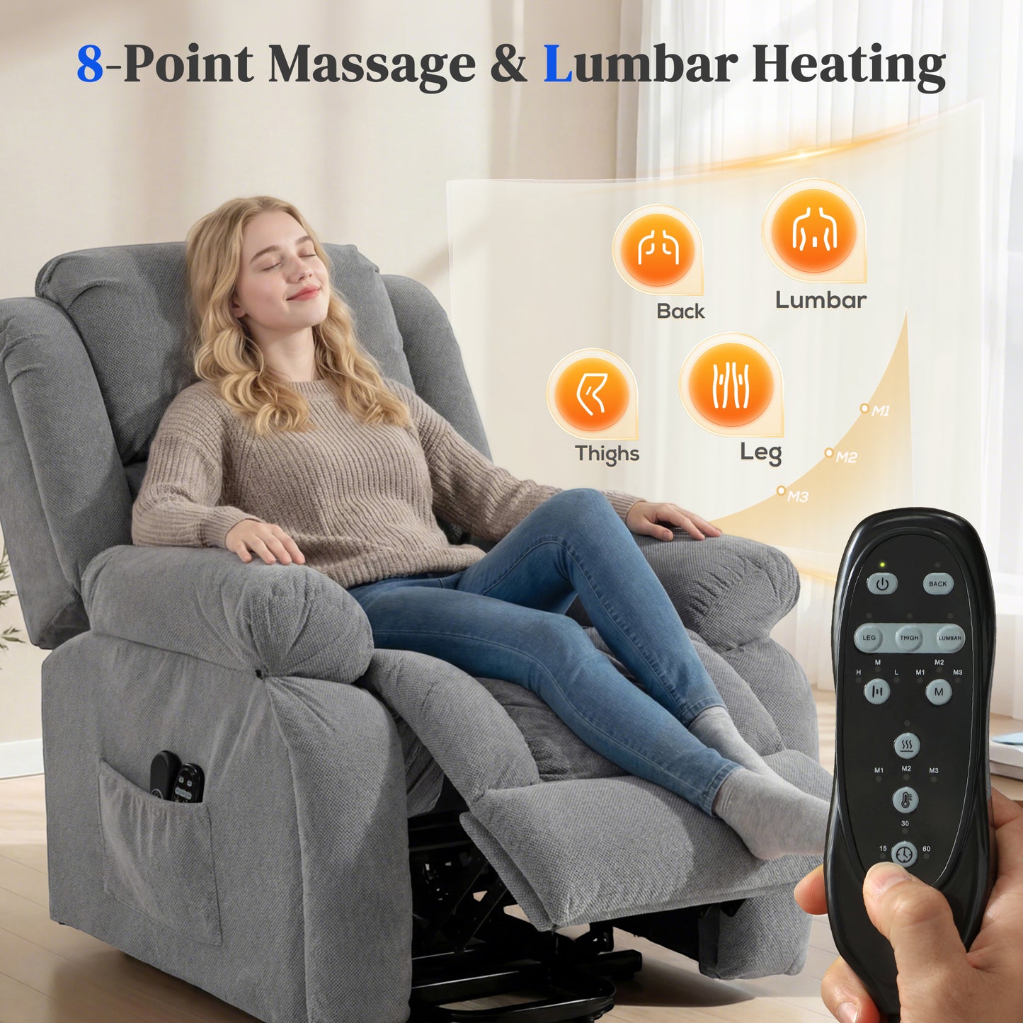 Power Lift Recliner Chair, Reclining Chair with Massage, Light Grey