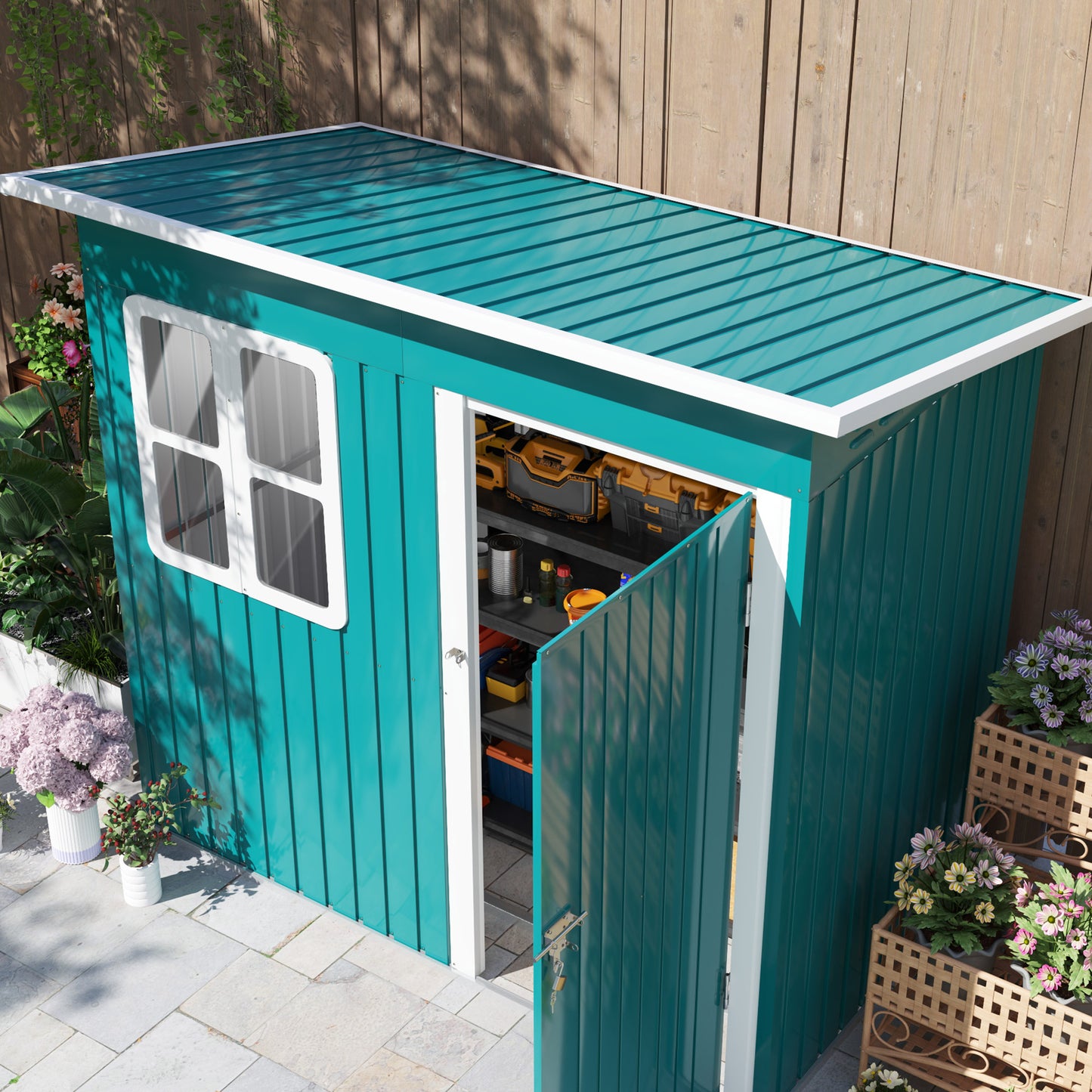 7 x 4ft Galvanised Steel Garden Shed with Foundation Kit, Green