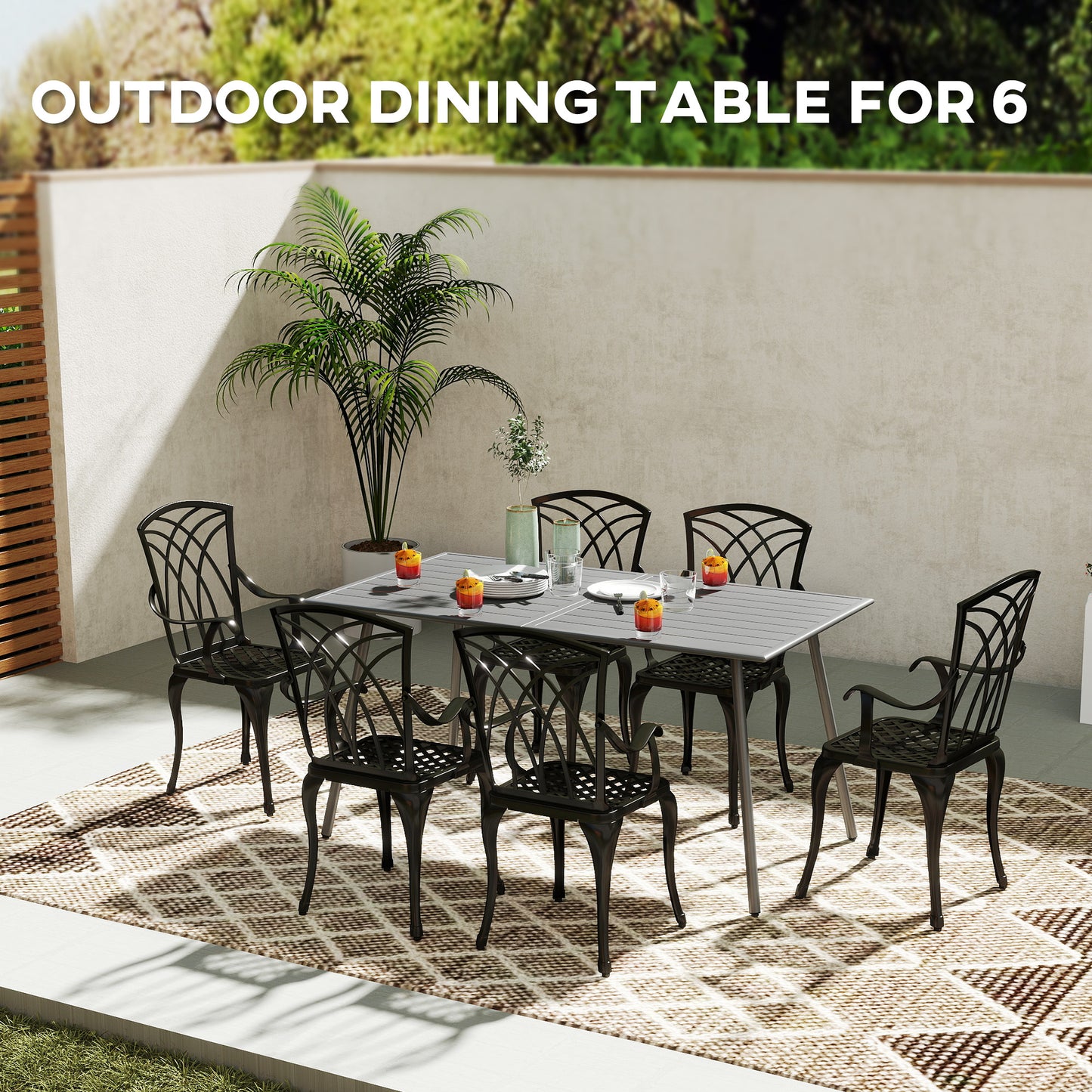 Garden Table for 6 Person with Slat Top, Steel Frame, Grey