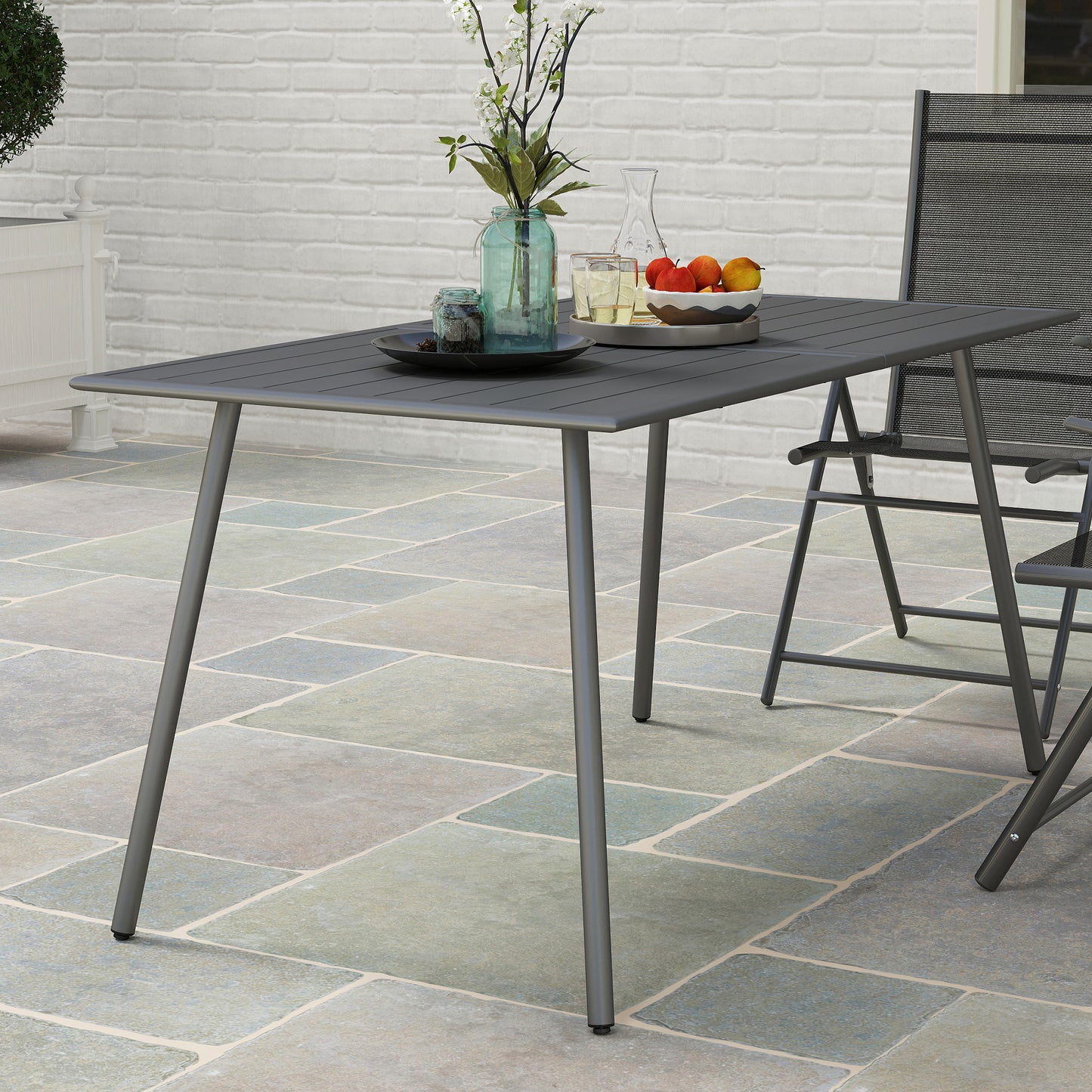 Garden Table for 6 Person with Slat Top, Steel Frame, Grey