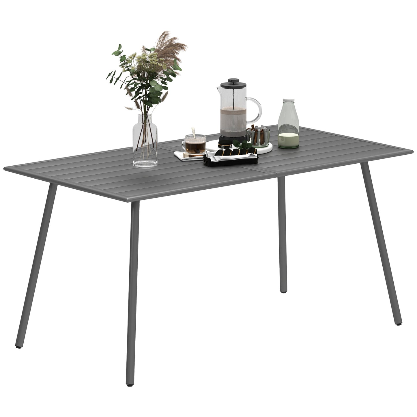 Garden Table for 6 Person with Slat Top, Steel Frame, Grey