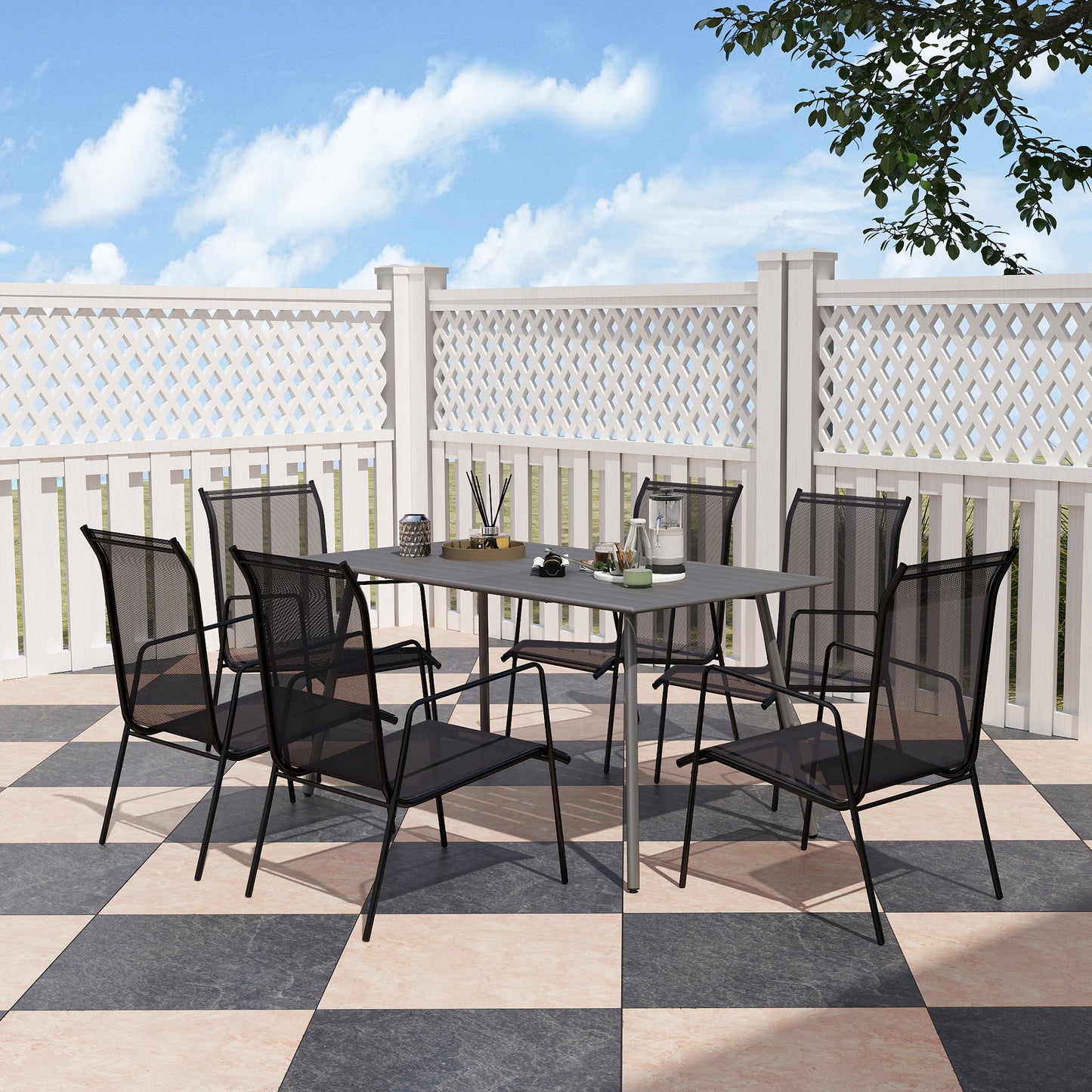 Garden Table for 6 Person with Slat Top, Steel Frame, Grey